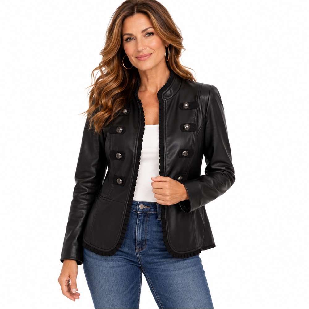 Chico’s Black Faux Leather Military Jacket Ruffle Trim Button Blazer Sz 0 (S)